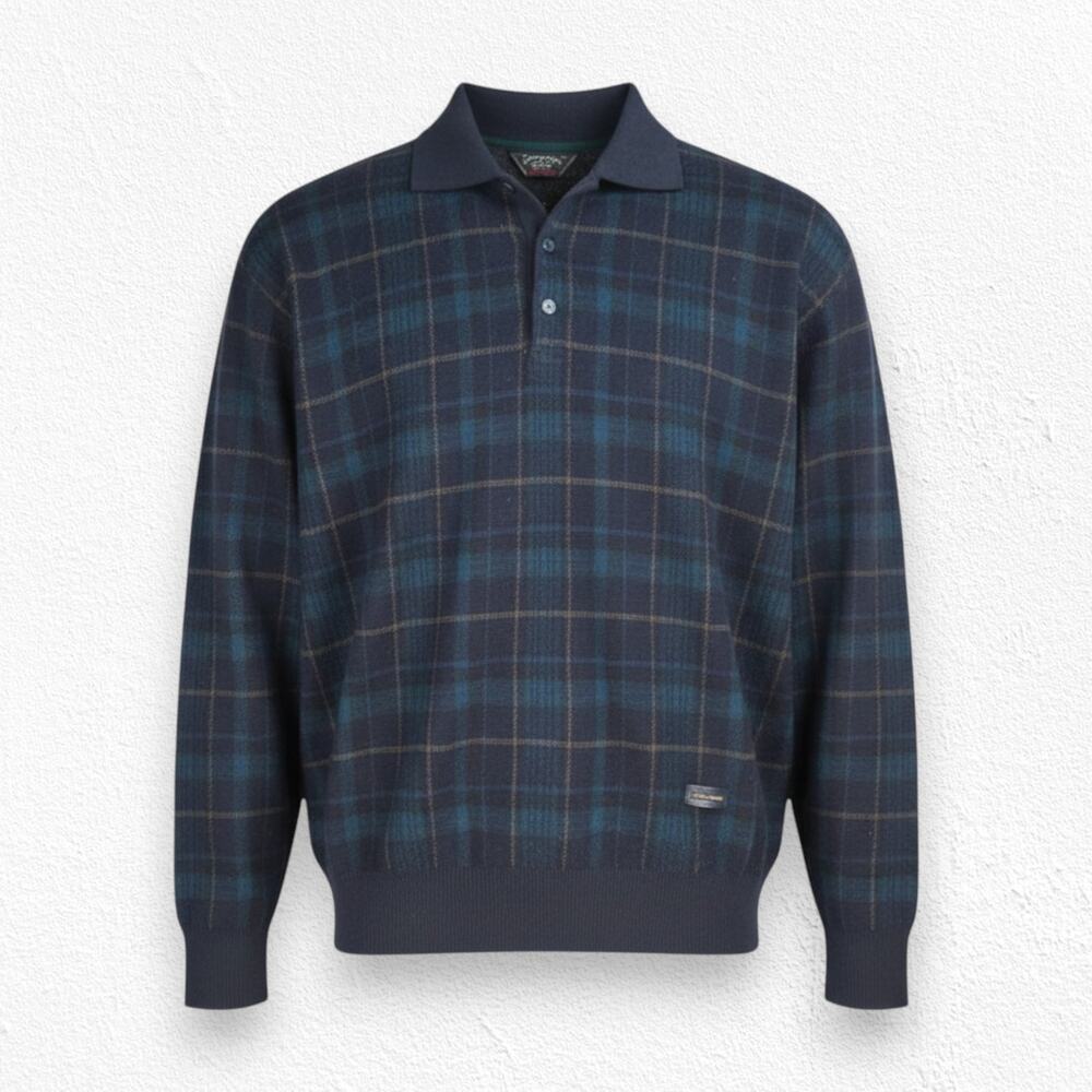 80s Vintage Paul & Shark Yachting Navy Green Tartan Wool Rugby Sweater Size XL